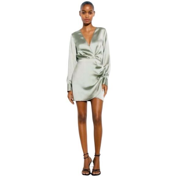 Zara Wrap Satin Effect “Grey Green” Dress Blogger Favorite Womens X-Small - Picture 1 of 15